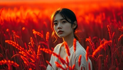 Candid image, photography, natural textures, highly realistic light, editorial, Cinematic still image glowing portrait in a surreal world with shining red grass, minimal soft studio light photography,