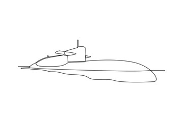 Single continuous line drawing of submarine over sea water. Sea activity minimalist concept. Trendy one line draw design vector graphic illustration