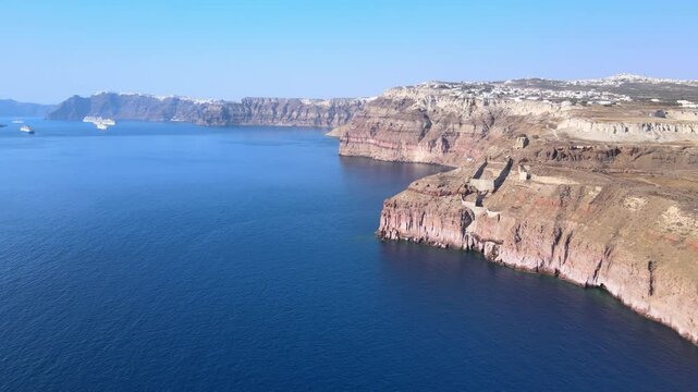 Aerial view of the volcano coasts of Santorini island in Greece