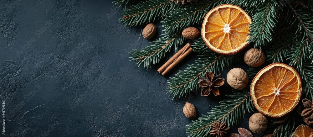 Aufkleber christmas backdrop featuring fir branches spices nuts and dried orange slices vertical top view with
