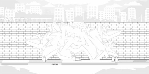 Trendy Brick Wall With Street Art Graffiti Drawing Coloring Page With Background Of The Cityscape