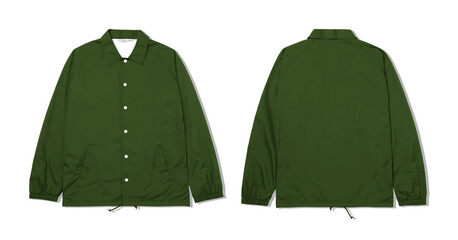 Green army coach jacket long sleeved button up, front and back view. Suitable of fashion and...