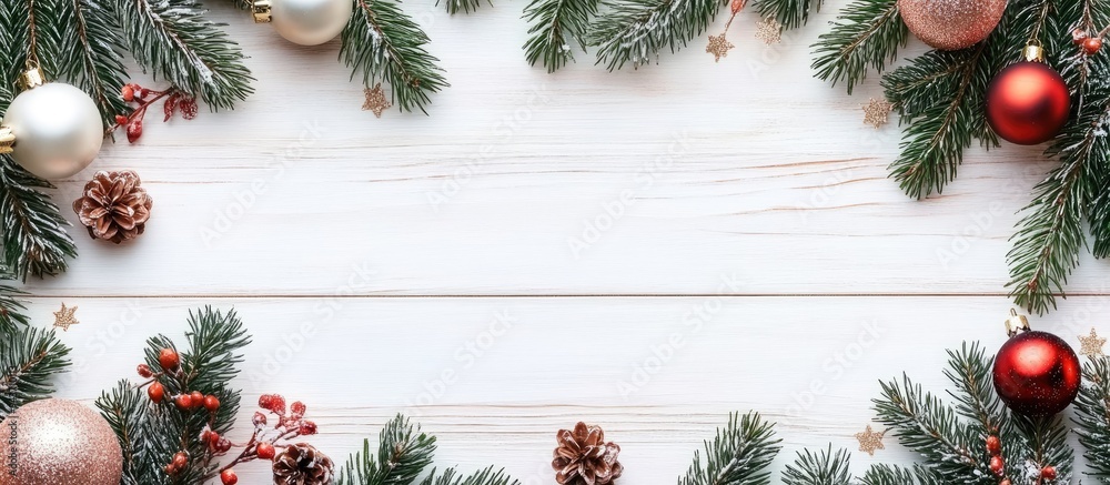 Poster Decorative frame with Christmas elements on a white wooden table Area for text empty for postcard Copyspace