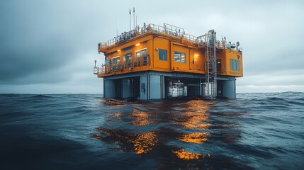 A carbon capture and storage facility is actively functioning in the ocean, surrounded by dark, stormy skies.