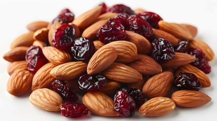 A pile of almonds and cranberries on a white background
