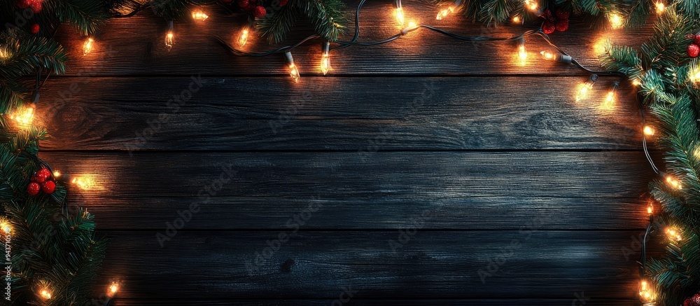 Aufkleber Overhead view of Christmas lights on a dark wooden table. with copy space image. Place for adding text or design