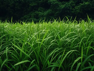 Vibrant green grass swaying gently in a serene natural landscape under a lush canopy of trees in the background.