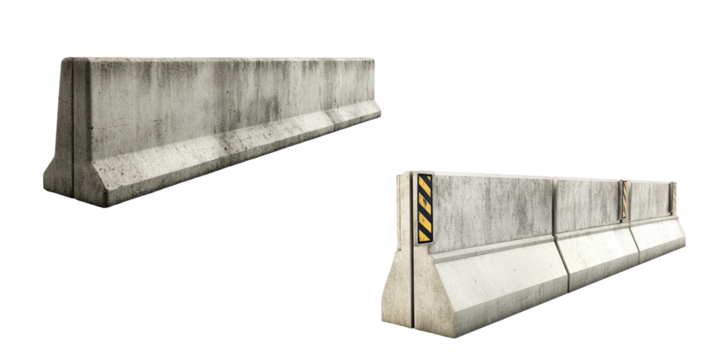 Concrete barriers with yellow and black stripes isolated on white. Transparent background