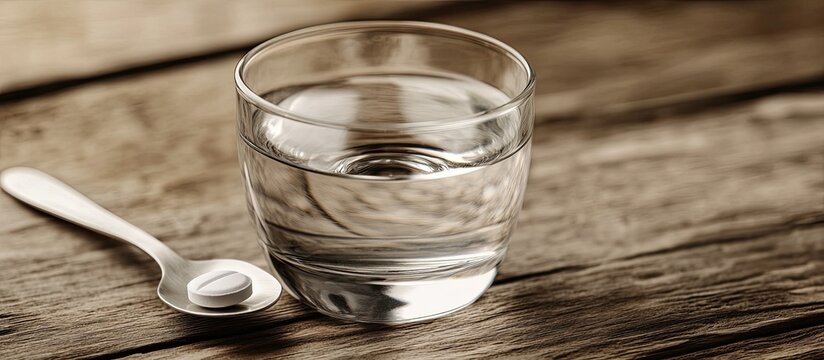 Medication tablespoon or pharmaceutical spatulas alongside a glass of water set on an empty wooden background This relates to the idea of medical or healthy consumption The shot is slightly de focuse