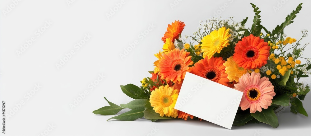 Poster bouquet featuring gerbera and buttercups with a card flowers card. with copy space image. place for 