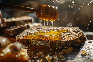 Honey Drizzling Over Rustic Whole Grain Bread
