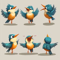 Naklejka premium A collection of playful cartoon birds displaying various poses and expressions.