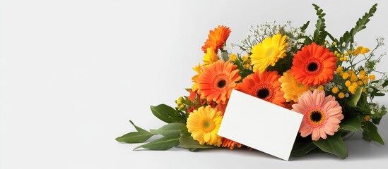 Fototapeta premium Bouquet featuring gerbera and buttercups with a card flowers card. with copy space image. Place for adding text or design