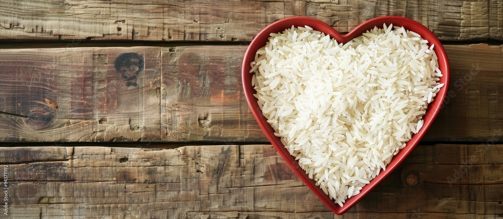 Poster White rice in a heart shaped container on a wooden table. with copy space image. Place for adding text or design