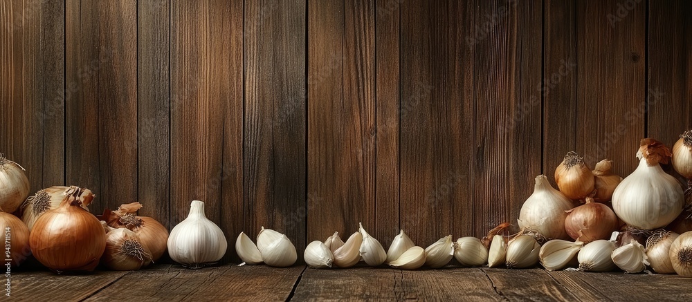 Fototapete Garlic and onions on a wood backdrop. with copy space image. Place for adding text or design
