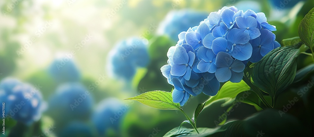 Aufkleber Hydrangea macrophylla Ajisai blooms in a garden. with copy space image. Place for adding text or design