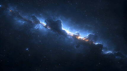 Fototapeta premium A nebula with wispy clouds and a bright core in a dark starry sky.
