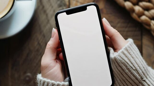 Pov hand holding smartphone with empty white screen at a coffee shop