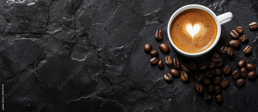 Leinwandbilder coffee in a white cup with coffee beans on a black stone background viewed from above. with copy spa