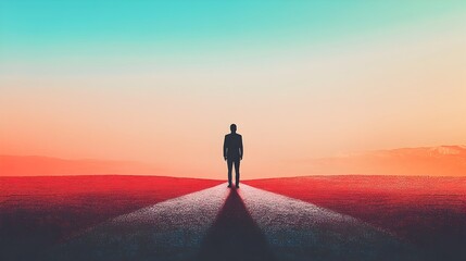 Silhouette of a lone person standing at a crossroads with two divergent paths ahead representing a decision choice or opportunity for personal or professional growth
