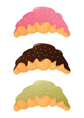 Set of sweet croissants. Croissant with chocolate, strawberry, caramel and pistachio glaze. Isolated vector illustration for poster, banner, menu, advertising. EPS 10