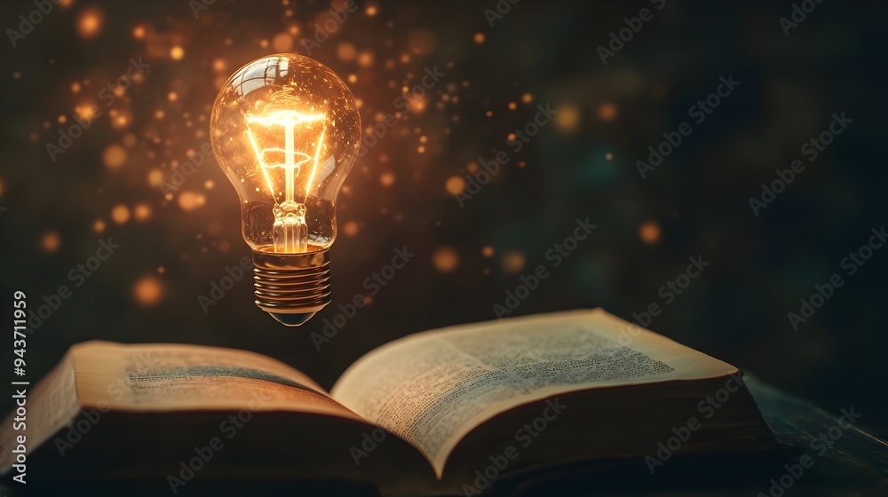 Poster a light bulb hovering above an open book symbolizing a bright idea or moment of and discovery the im