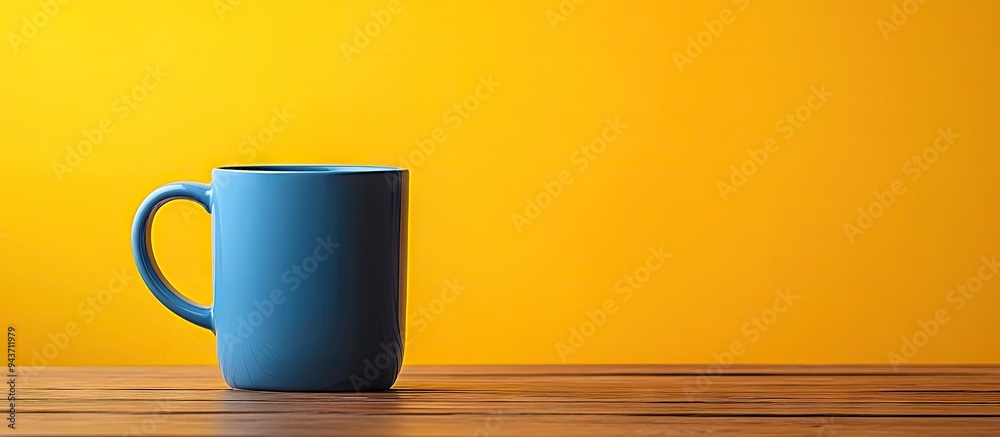 Poster Blue mug set against a yellow background. with copy space image. Place for adding text or design