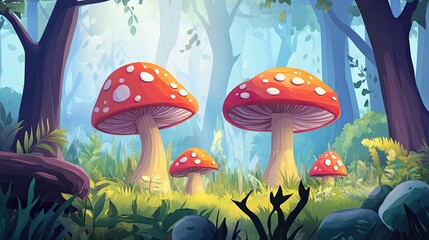 Fototapeta premium Cartoon mushroom forest background. cartoon nature background