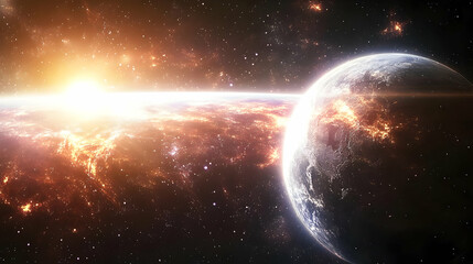 Obraz premium A planet bathed in the light of a distant sun, with a fiery, glowing atmosphere.