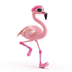 A playful pink flamingo wearing sunglasses and a headband, striking a fun running pose.