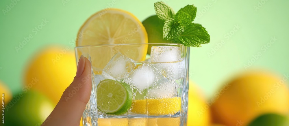 Poster holding a glass filled with ice limes lemons and mint an ideal pairing for the soul against a vibran