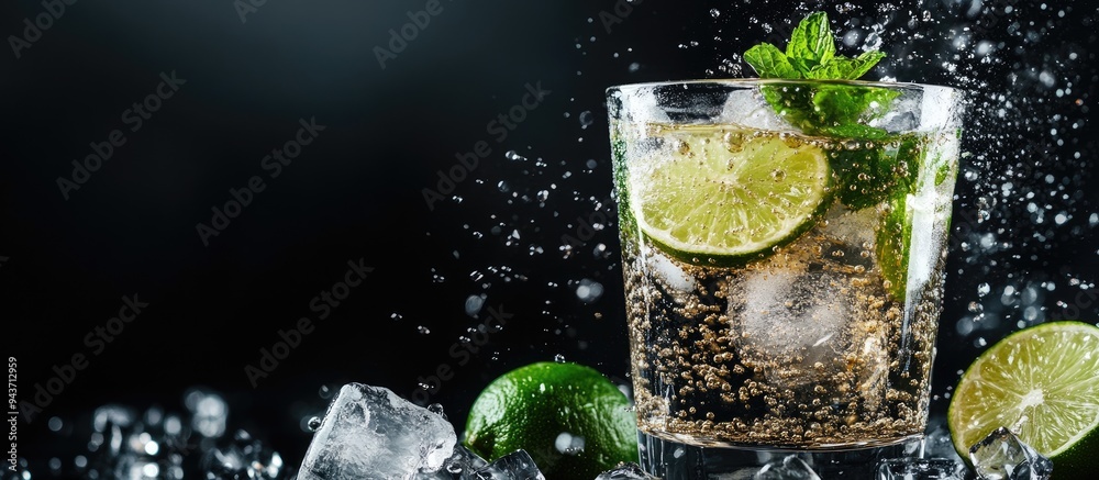 Aufkleber A glass containing cold natural drinks with ice lime and mint is set against a black background Close up view. with copy space image. Place for adding text or design