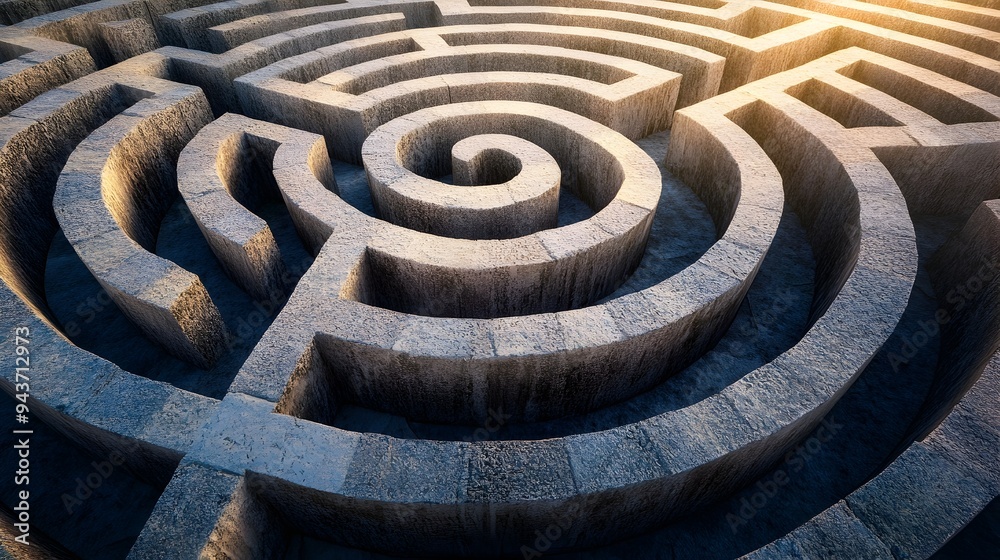 Poster maze with a single path leading to the center symbolizing the challenge of problem solving and findi