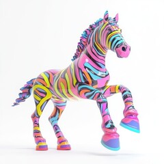 A colorful, stylized zebra sculpture with vibrant patterns in a playful pose.