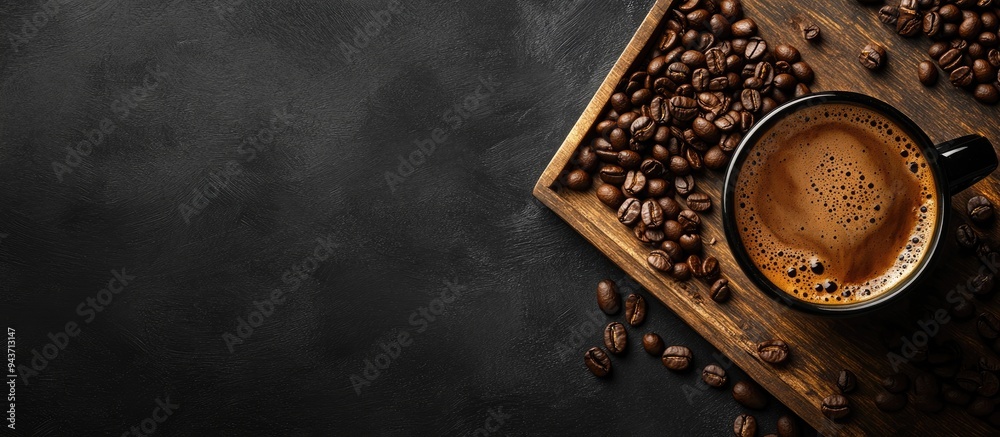 Fototapete coffee on a wooden tray accompanied by coffee beans on a dark textured backdrop top view with copysp