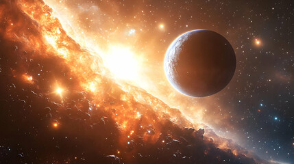 A planet in a cosmic landscape with a blazing nebula behind it and a sun shining brightly in the background.