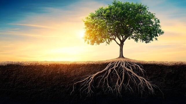 Thriving tree with its roots reaching deep into the ground and branches stretching towards the sky symbolizing growth evolution and the cycle of life
