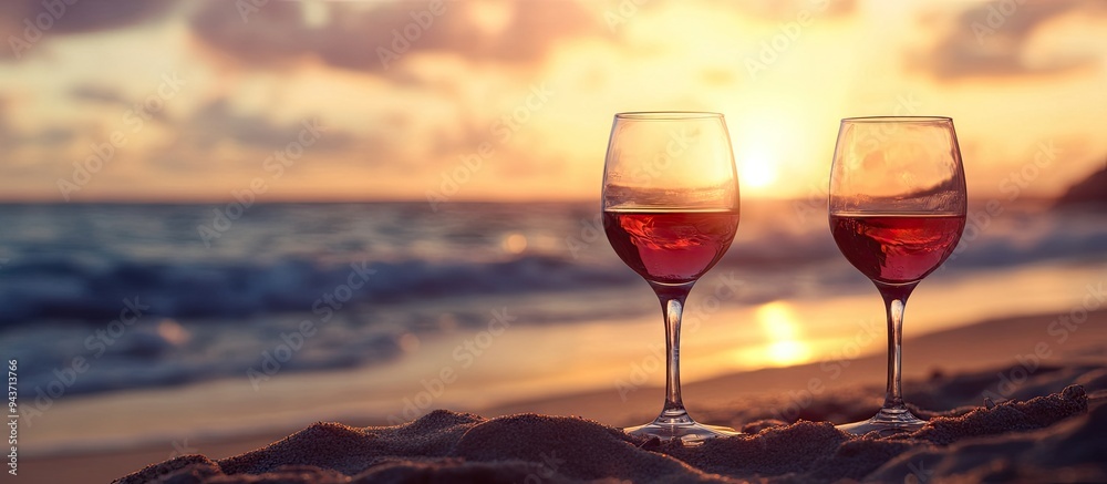 Poster Wine glasses at sunset on a beach Selective focus Nature. with copy space image. Place for adding text or design