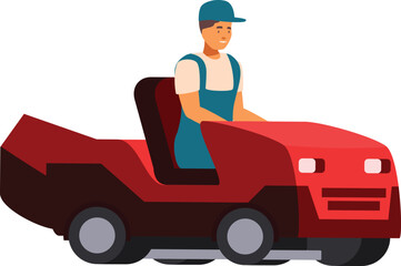 Gardener driving a ride on lawn mower, gardening service vector illustration