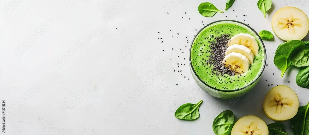 Aufkleber Green smoothie featuring baby spinach apple banana and barley grass finished with chia seeds on top. with copy space image. Place for adding text or design