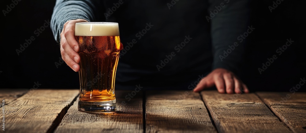 Poster a man s hand holding a beer glass above a wooden table. with copy space image. place for adding text