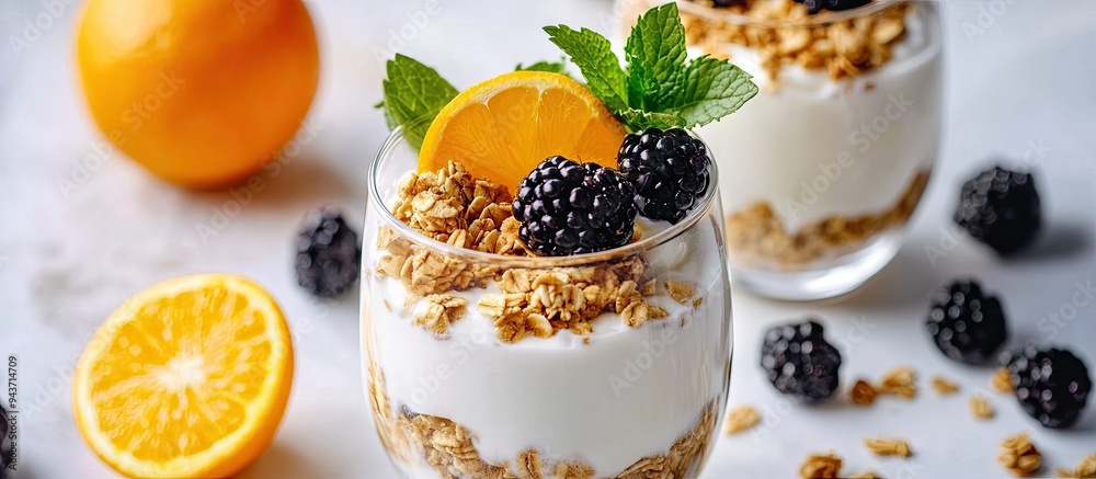 Poster Vegan healthy breakfast option Yogurt and granola topped with fresh blackberries oranges and mint in a glass Set on a white table Copy space top view