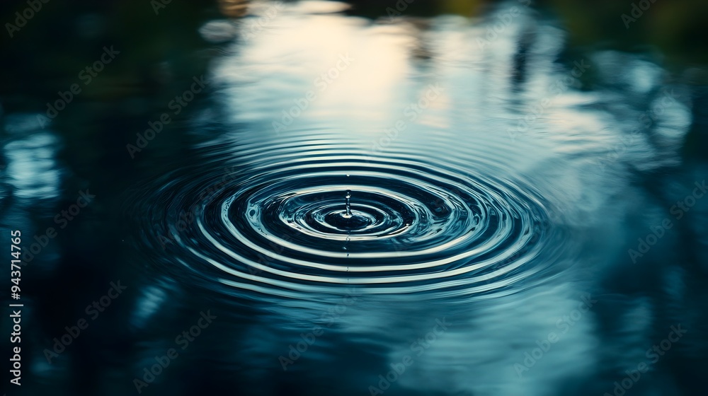 Poster a single droplet creating concentric rippling waves on the calm surface of a still pond symbolizing 