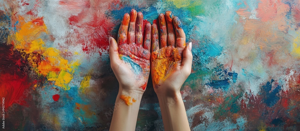 Poster hands colorful art background on the wall. with copy space image. Place for adding text or design