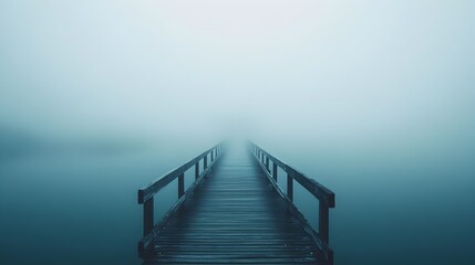 Mystical and atmospheric image of a bridge fading into the mist symbolizing the unknown and the passage from one state to another  The copy space allows for placement of text or graphic elements