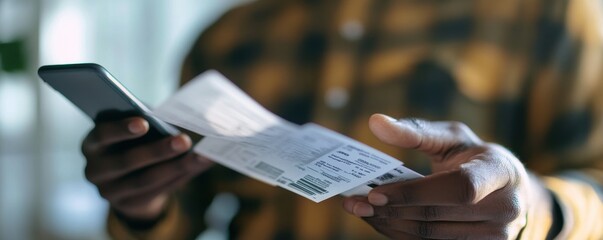 Close-up of a man holding a receipt and using a smartphone to input data for budgeting and expense tracking