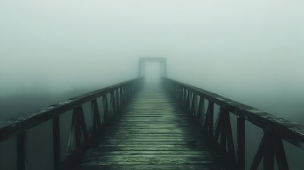 Dramatic landscape with a bridge disappearing into the misty haze creating a sense of mystery and the unknown  This minimalist