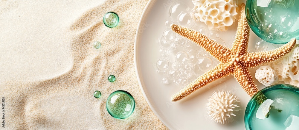 Poster White plate with coral skeleton and natural starfish on a sand background accompanied by green and clear glass bubbles. with copy space image. Place for adding text or design