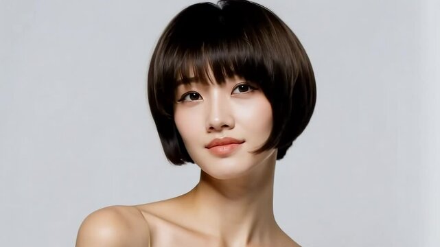 Asian model with a pixie cut hairstyle, showcasing beauty and confidence on a light gray background