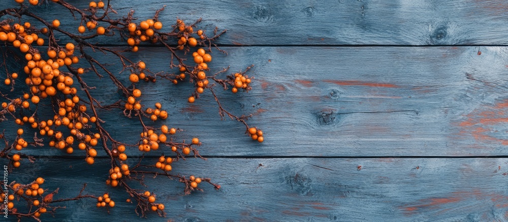 Leinwandbilder Flat lay featuring an autumn arrangement of common sea buckthorn and briar branches on a wooden surface. with copy space image. Place for adding text or design